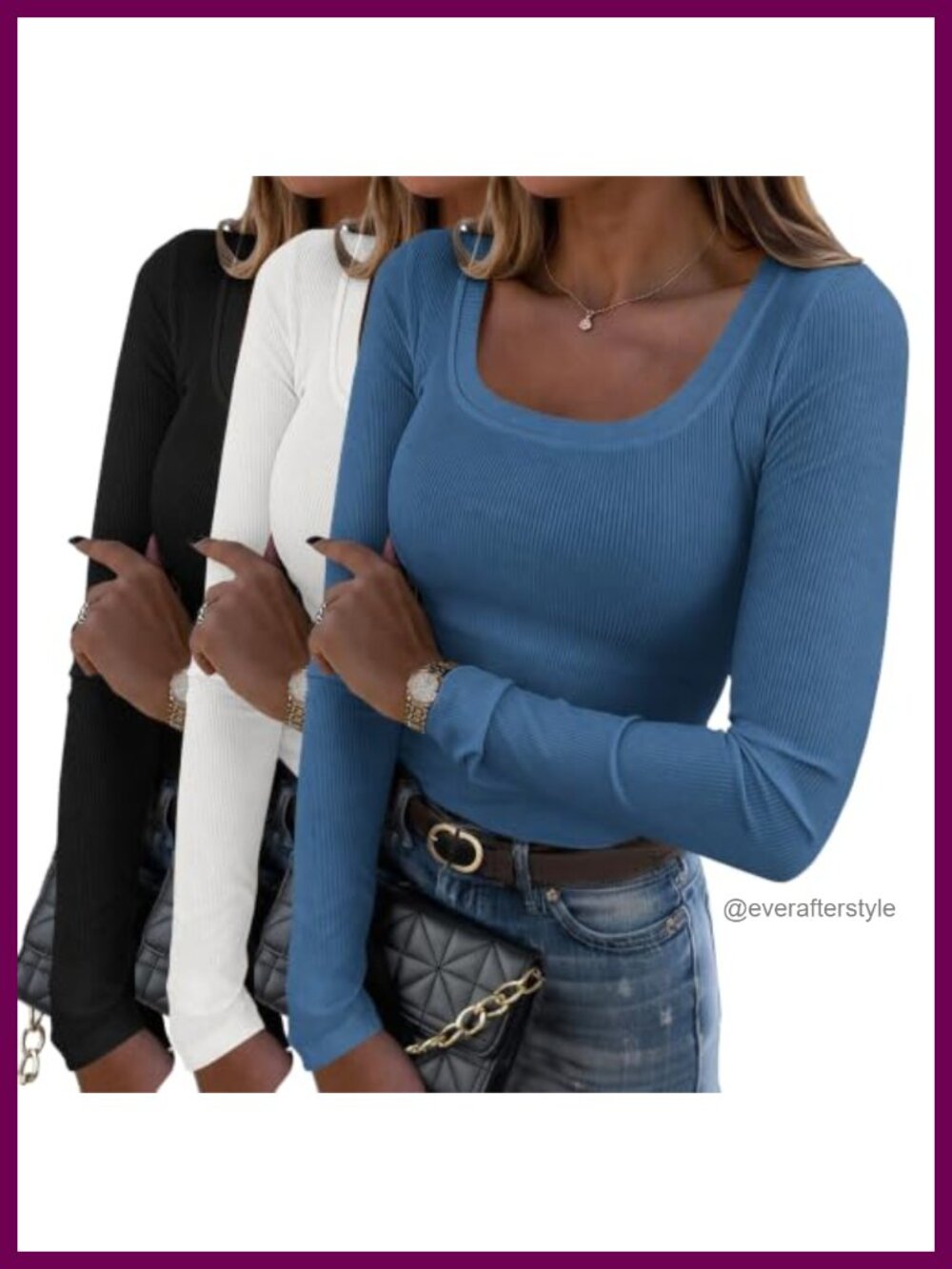 Rib Knit Long Sleeve Scoop Neck Slim Fit Top